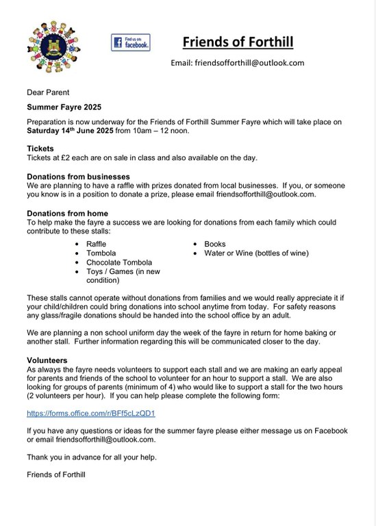 Friends of Forthill Summer Fayre Information
